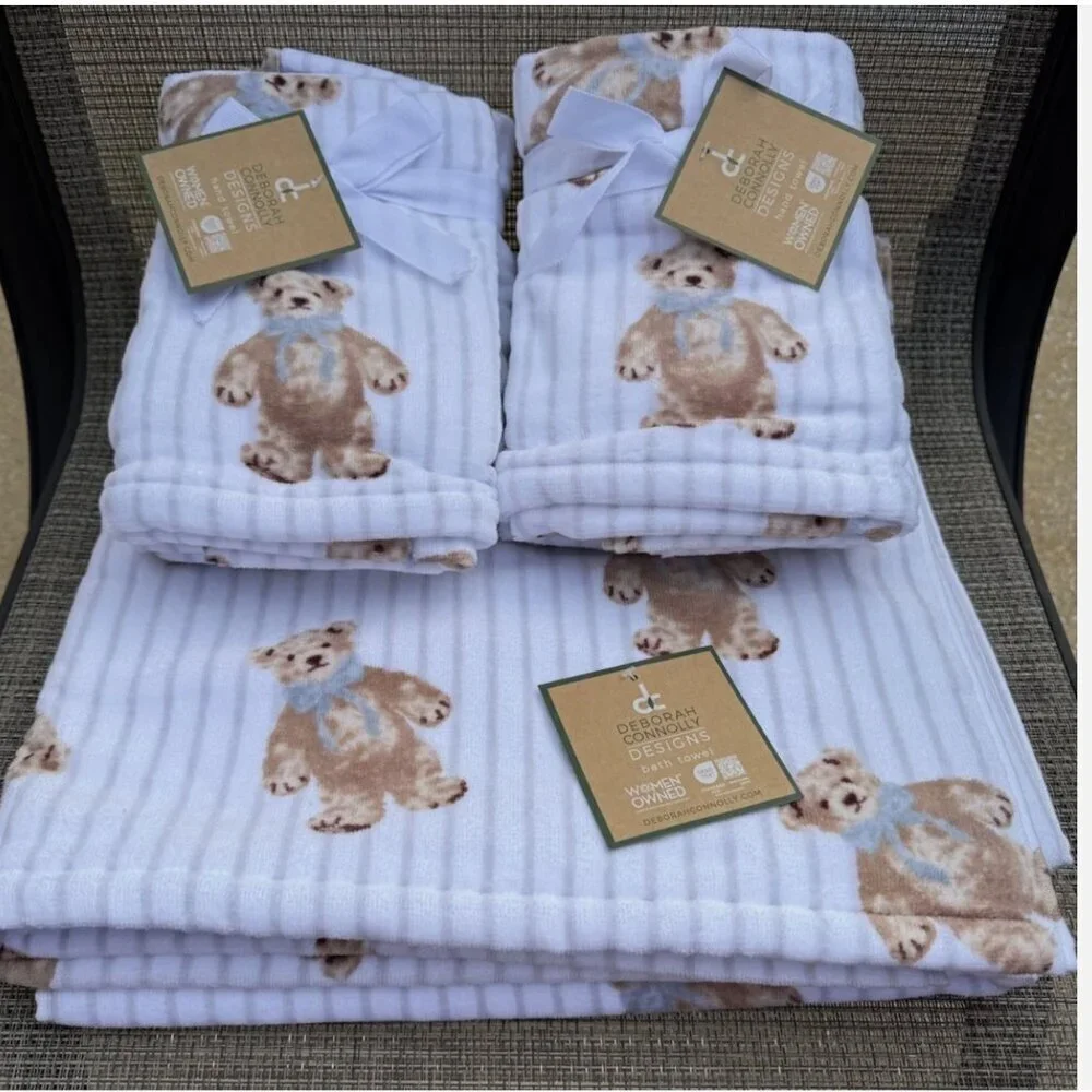 Deborah Connolly Kids White Teddy Bear Lyocell Cotton Bath & Hand Towel Set 6pc